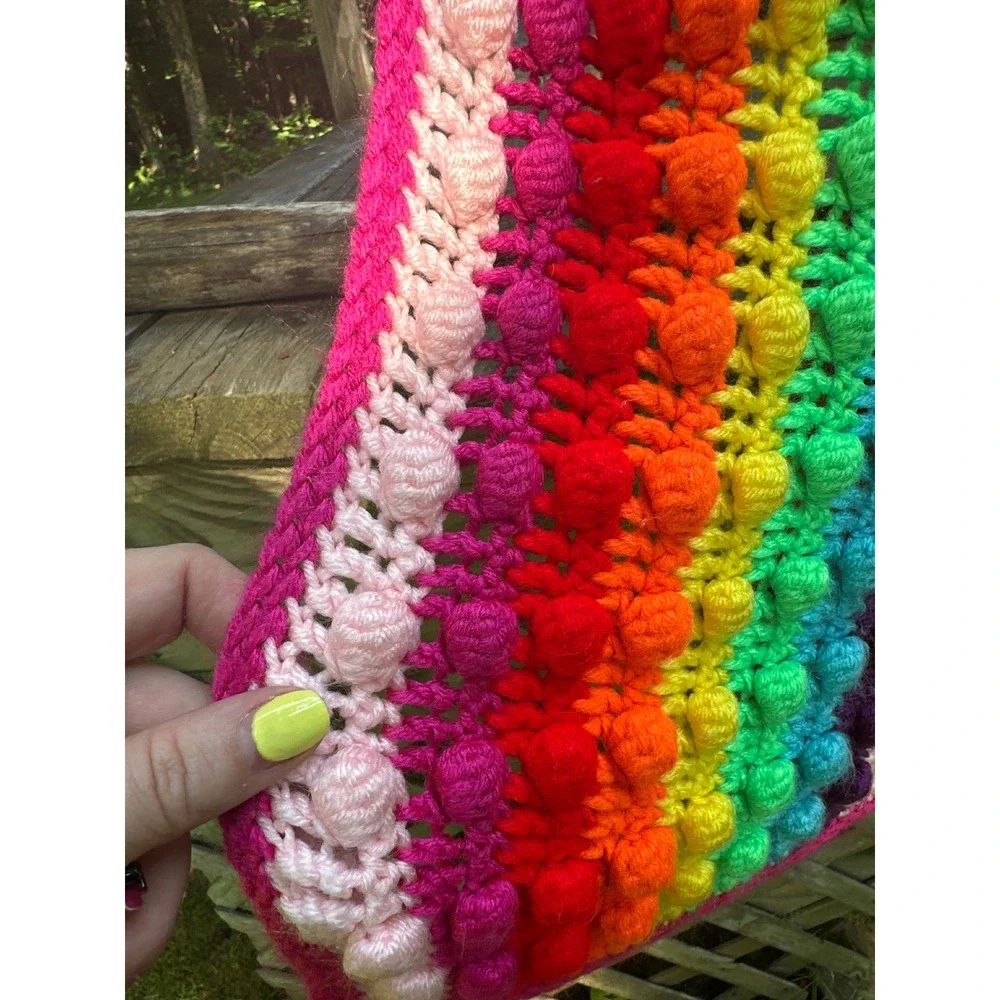 Handmade Crochet Rainbow Bobble Stitch Blanket Multi Color Striped Throw 57x44